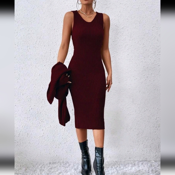 Turtleneck Drop Shoulder Sweater & Knit Dress, Burgundy - Picture 7 of 7